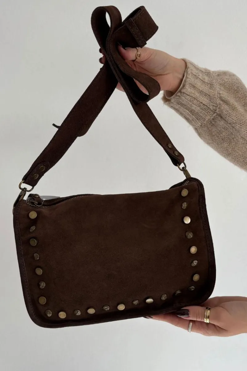 Sale Boto Skórzana Zamszowa Torebka Zdobiona Dżetami Czekoladowa Savra Brązowy