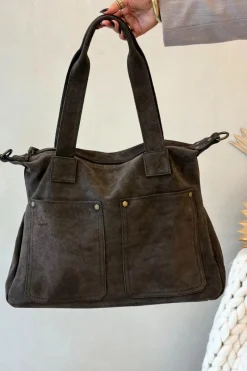 Torebki Klasyczne>Boto Skórzana Zamszowa Torebka Z Kieszeniami Brązowa Zephina Brązowy