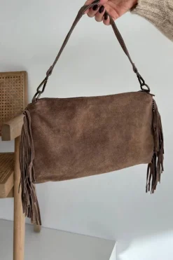 Online Skórzana Zamszowa Torebka Z Frędzlami Brązowa Jessira Listonoszki