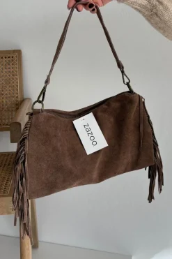Online Skórzana Zamszowa Torebka Z Frędzlami Brązowa Jessira Listonoszki