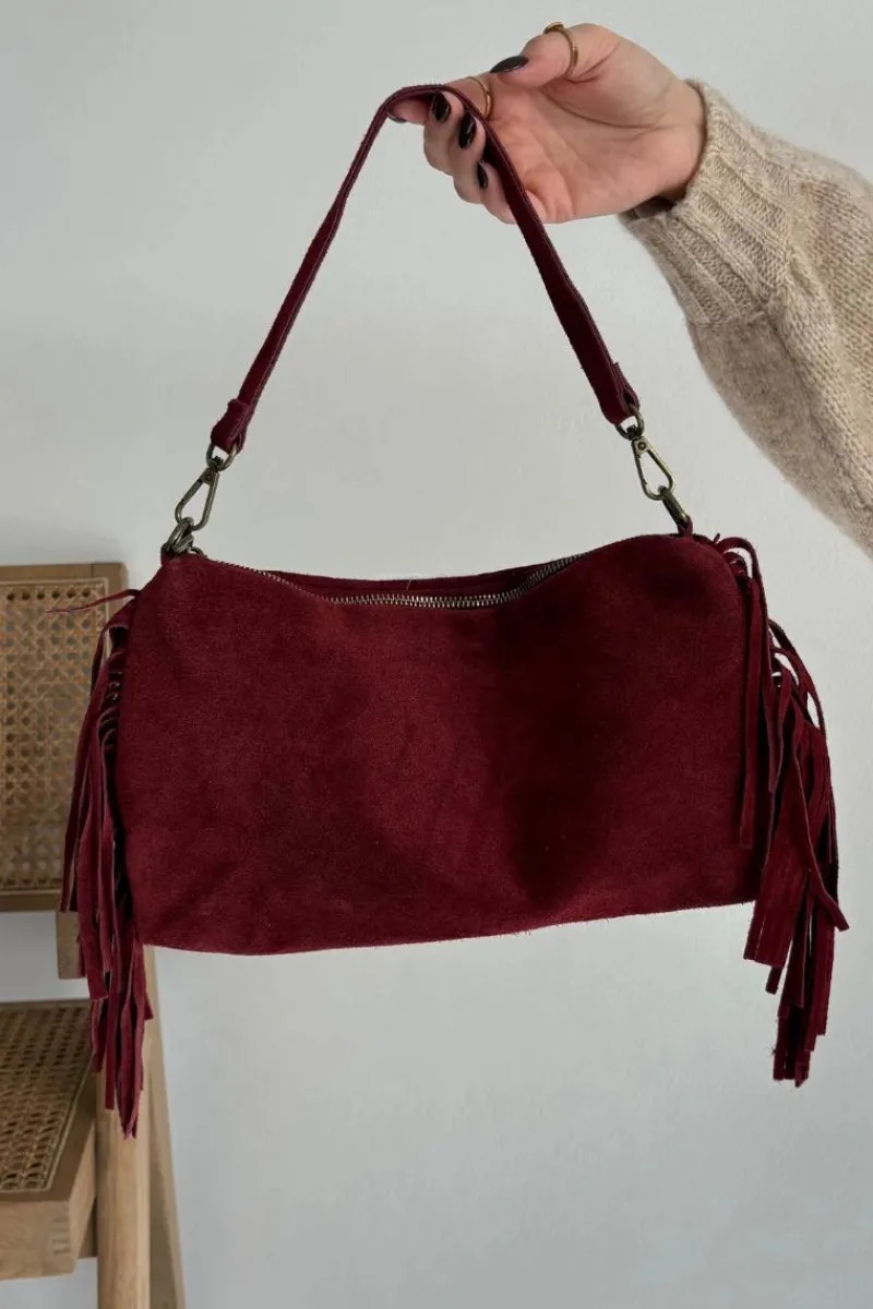 Best Boto Skórzana Zamszowa Torebka Z Frędzlami Bordowa Jessira Czerwony