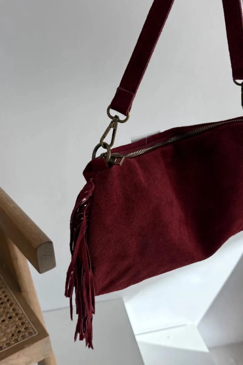 Best Boto Skórzana Zamszowa Torebka Z Frędzlami Bordowa Jessira Czerwony