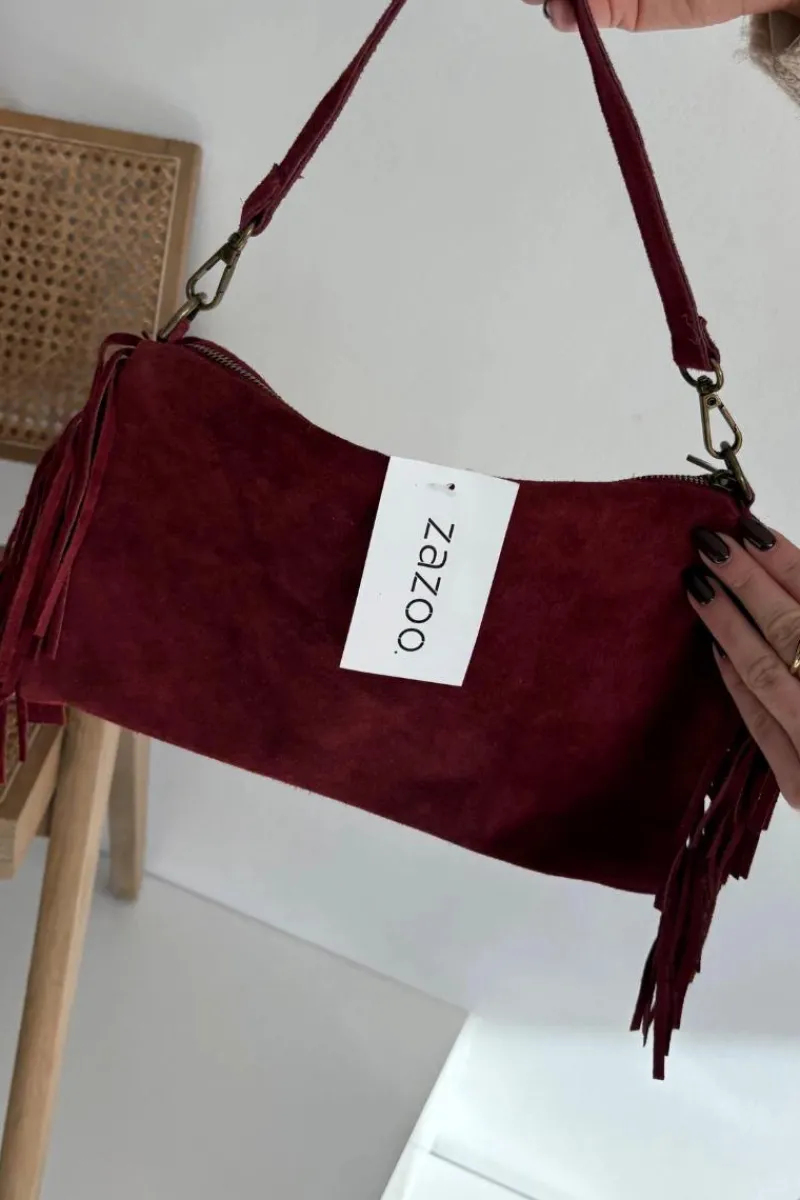 Best Boto Skórzana Zamszowa Torebka Z Frędzlami Bordowa Jessira Czerwony