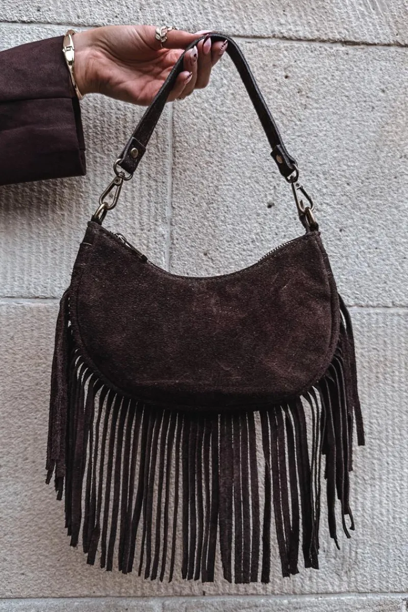 Sale Skórzana Zamszowa Torebka Z Frędzlami Czekoladowa Aurelisse Torebki Klasyczne