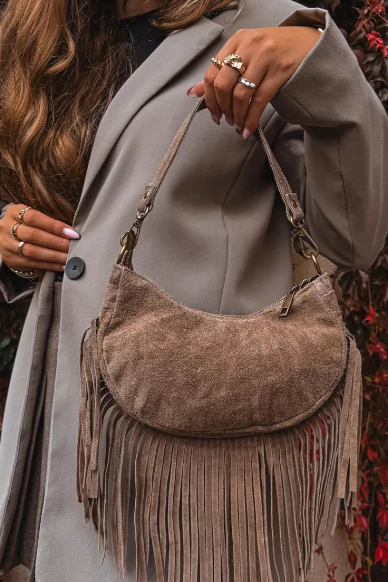 Torebki Klasyczne>Boto Skórzana Zamszowa Torebka Z Frędzlami Ciemnobeżowa Aurelisse