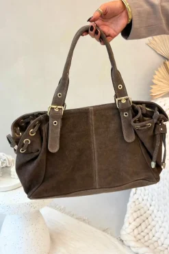 Outlet Skórzana Zamszowa Torebka Ciemnobeżowa Ovelia Torebki Klasyczne