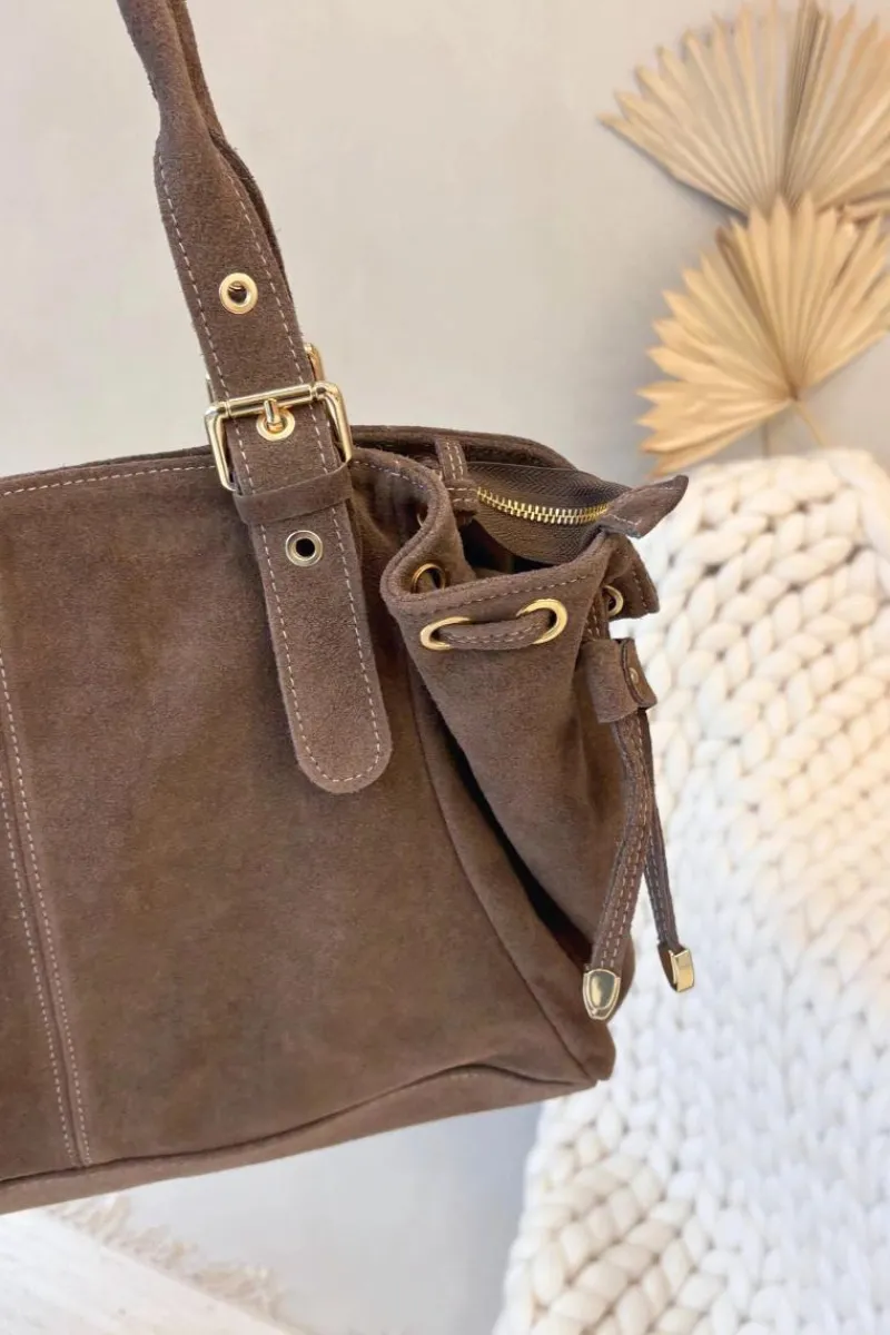 Outlet Skórzana Zamszowa Torebka Ciemnobeżowa Ovelia Torebki Klasyczne