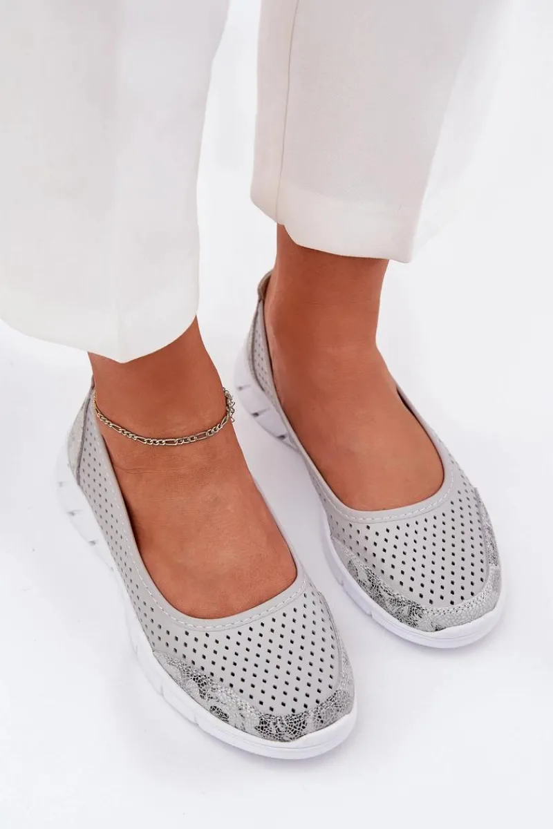 New Skórzane Ażurowe Baleriny Vinceza 95323 Szare Damskie Baleriny Skórzane|Baleriny Klasyczne