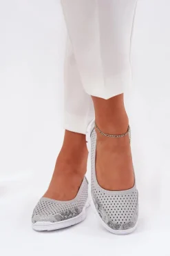 New Skórzane Ażurowe Baleriny Vinceza 95323 Szare Damskie Baleriny Skórzane|Baleriny Klasyczne