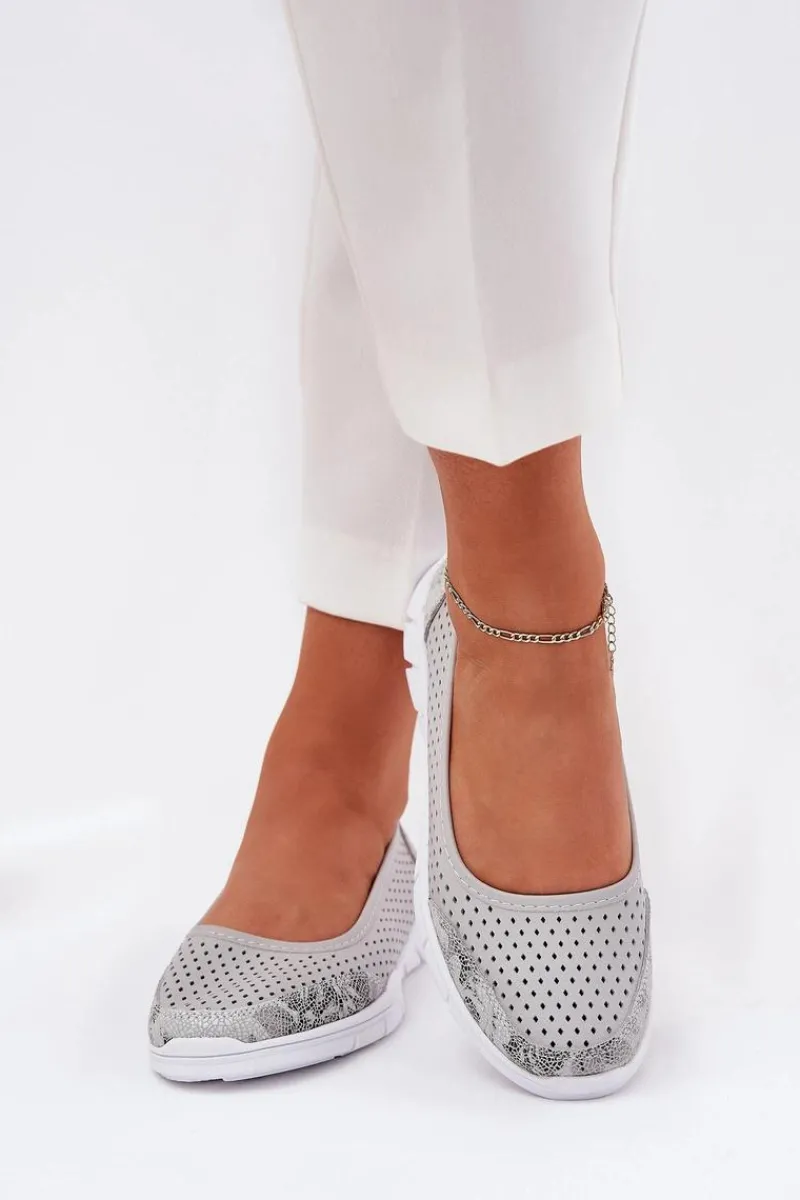 New Skórzane Ażurowe Baleriny Vinceza 95323 Szare Damskie Baleriny Skórzane|Baleriny Klasyczne