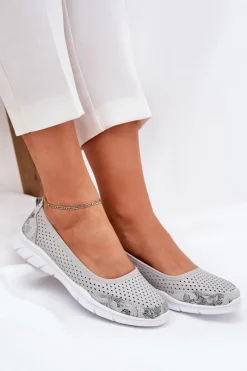 New Skórzane Ażurowe Baleriny Vinceza 95323 Szare Damskie Baleriny Skórzane|Baleriny Klasyczne