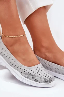 New Skórzane Ażurowe Baleriny Vinceza 95323 Szare Damskie Baleriny Skórzane|Baleriny Klasyczne