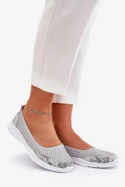 New Skórzane Ażurowe Baleriny Vinceza 95323 Szare Damskie Baleriny Skórzane|Baleriny Klasyczne