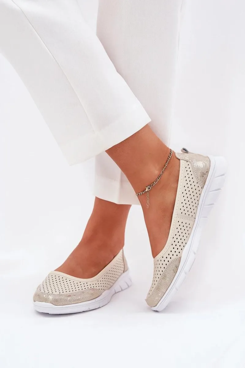 Discount Buty damskie Vinceza Skórzane Ażurowe Baleriny Vinceza 95323 Beżowe