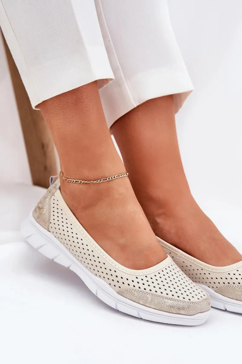 Discount Buty damskie Vinceza Skórzane Ażurowe Baleriny Vinceza 95323 Beżowe