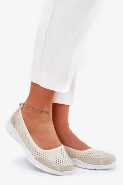 Discount Buty damskie Vinceza Skórzane Ażurowe Baleriny Vinceza 95323 Beżowe