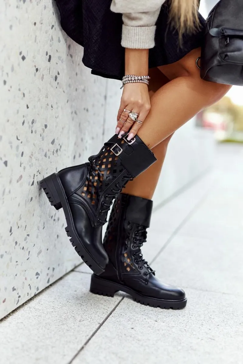 Skórzane Ażurowe Botki Czarne Menie Damskie Damskie Trapery|Botki Sznurowane