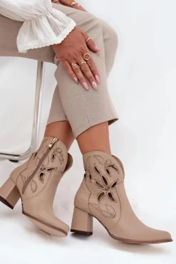 Discount Zazoo Skórzane Ażurowe Botki Damskie Na Słupku 3647 Jasnobeżowe Beżowy