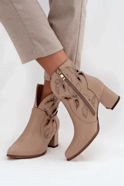 Discount Zazoo Skórzane Ażurowe Botki Damskie Na Słupku 3647 Jasnobeżowe Beżowy