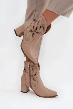 Discount Zazoo Skórzane Ażurowe Botki Damskie Na Słupku 3647 Jasnobeżowe Beżowy