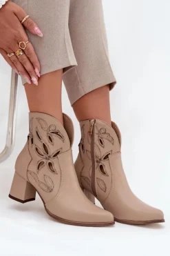 Discount Zazoo Skórzane Ażurowe Botki Damskie Na Słupku 3647 Jasnobeżowe Beżowy