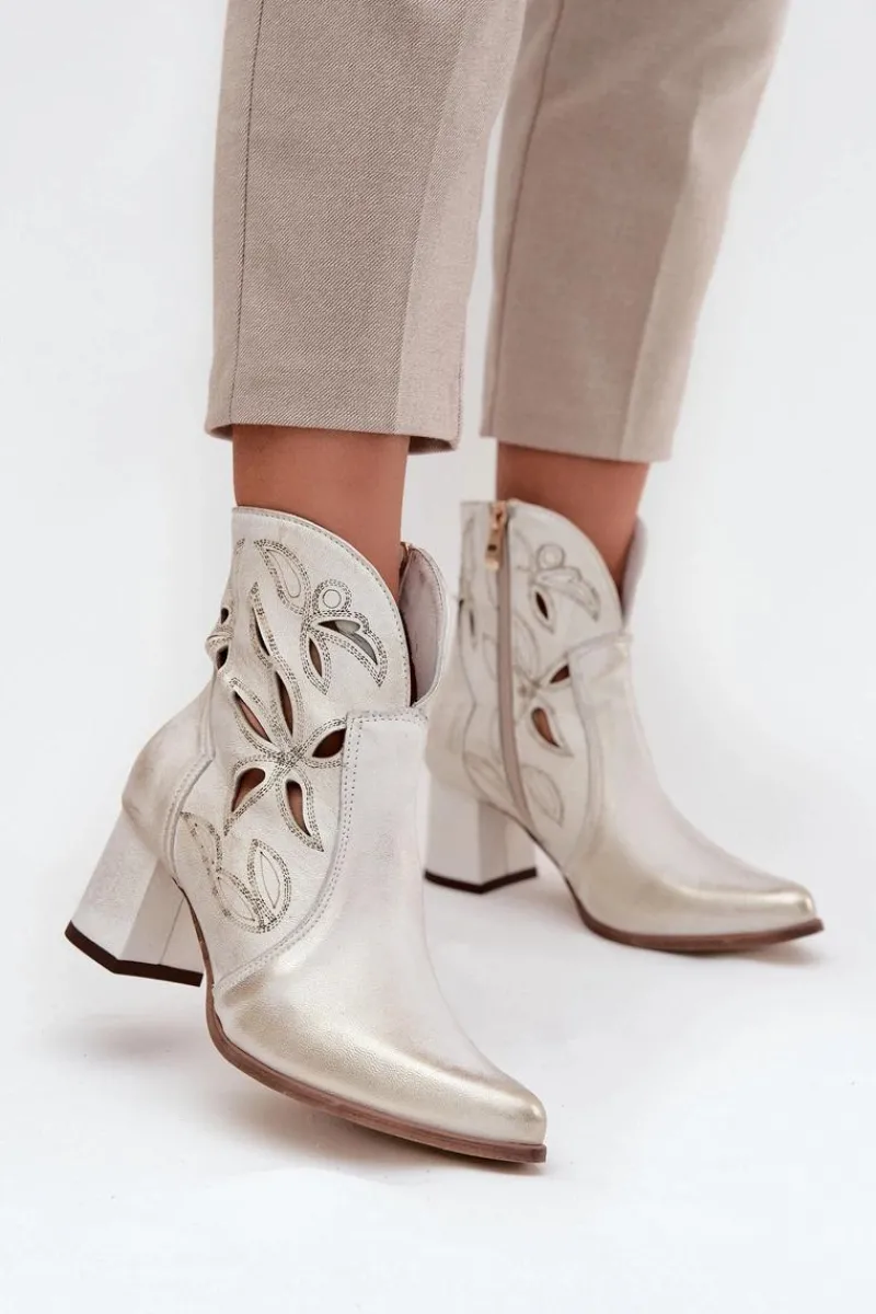 Discount Skórzane Ażurowe Botki Damskie Na Słupku 3647 Przecierany Damskie Botki Skórzane|Botki Na Słupku