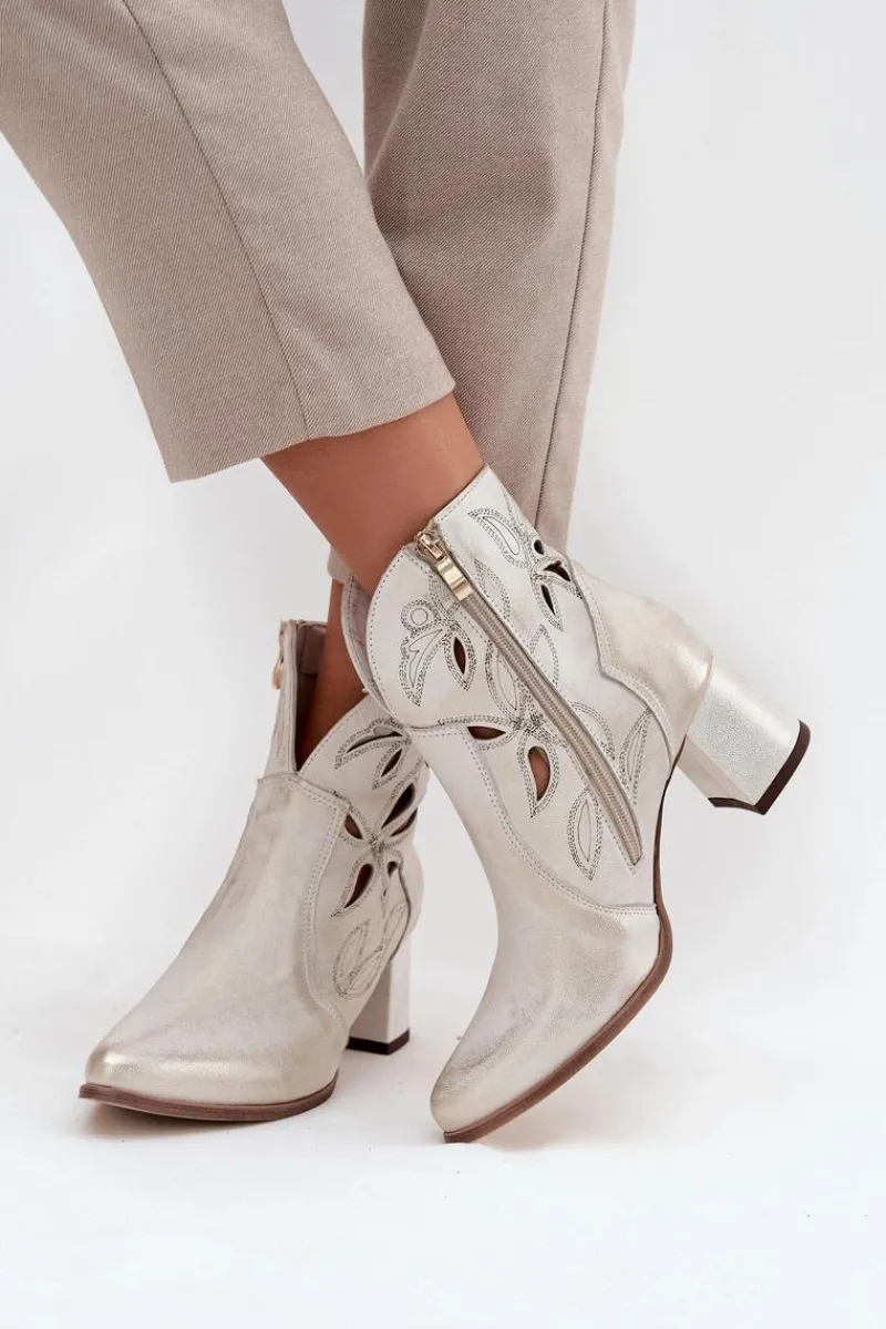 Discount Skórzane Ażurowe Botki Damskie Na Słupku 3647 Przecierany Damskie Botki Skórzane|Botki Na Słupku