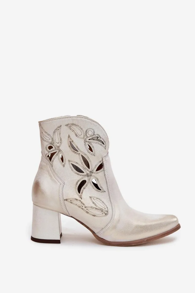 Discount Skórzane Ażurowe Botki Damskie Na Słupku 3647 Przecierany Damskie Botki Skórzane|Botki Na Słupku