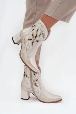 Discount Skórzane Ażurowe Botki Damskie Na Słupku 3647 Przecierany Damskie Botki Skórzane|Botki Na Słupku