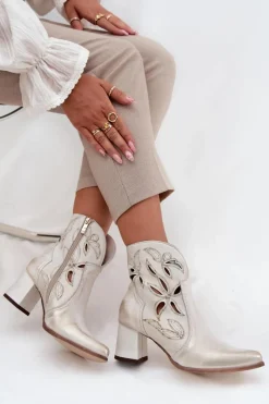 Discount Skórzane Ażurowe Botki Damskie Na Słupku 3647 Przecierany Damskie Botki Skórzane|Botki Na Słupku