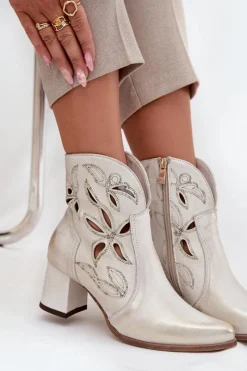 Discount Skórzane Ażurowe Botki Damskie Na Słupku 3647 Przecierany Damskie Botki Skórzane|Botki Na Słupku