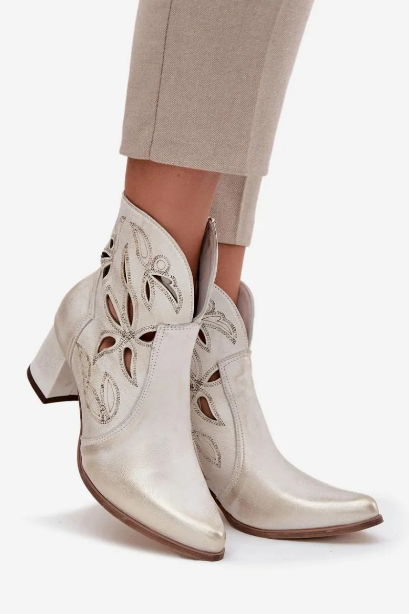 Discount Skórzane Ażurowe Botki Damskie Na Słupku 3647 Przecierany Damskie Botki Skórzane|Botki Na Słupku