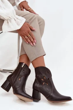 Botki Skórzane|Botki Na Słupku>Zazoo Skórzane Ażurowe Botki Damskie Na Słupku 3647 Czekoladowe Brązowy