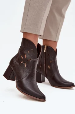Botki Skórzane|Botki Na Słupku>Zazoo Skórzane Ażurowe Botki Damskie Na Słupku 3647 Czekoladowe Brązowy