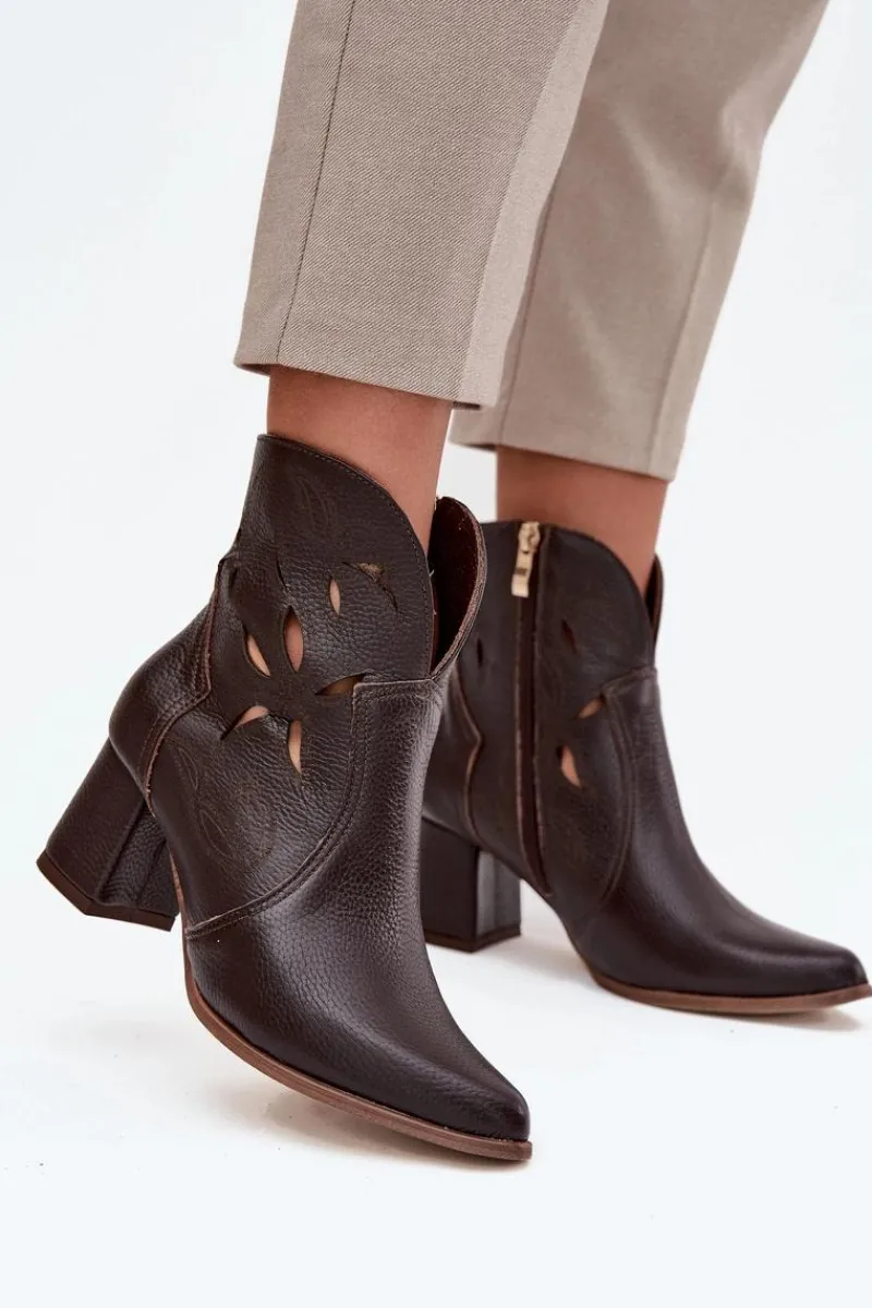 Botki Skórzane|Botki Na Słupku>Zazoo Skórzane Ażurowe Botki Damskie Na Słupku 3647 Czekoladowe Brązowy