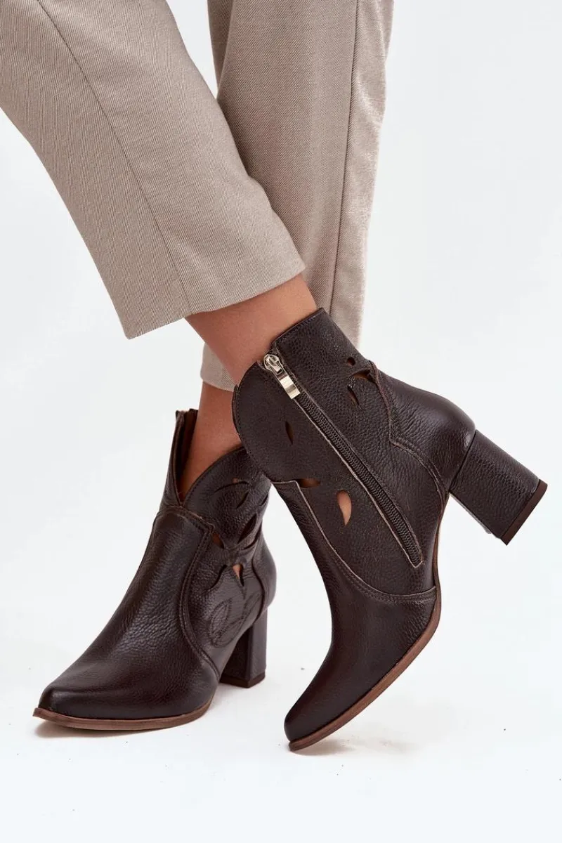 Botki Skórzane|Botki Na Słupku>Zazoo Skórzane Ażurowe Botki Damskie Na Słupku 3647 Czekoladowe Brązowy