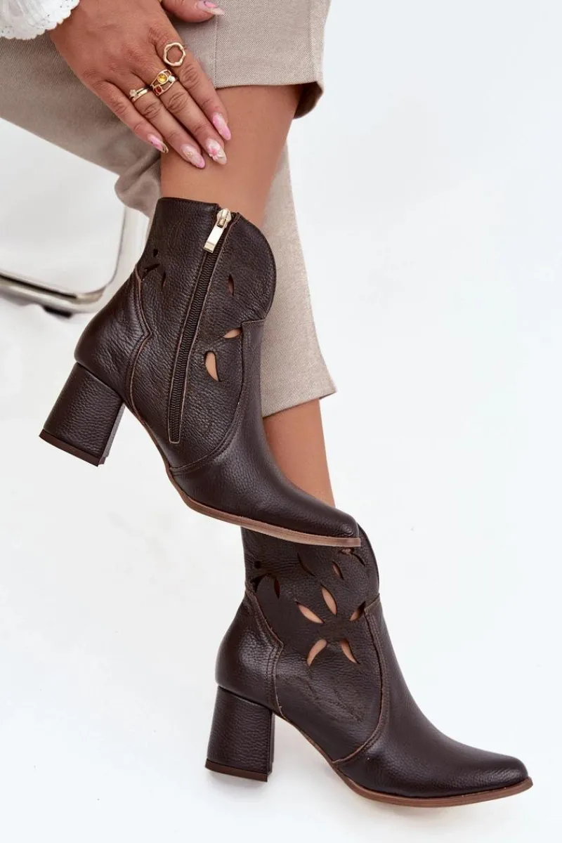 Botki Skórzane|Botki Na Słupku>Zazoo Skórzane Ażurowe Botki Damskie Na Słupku 3647 Czekoladowe Brązowy