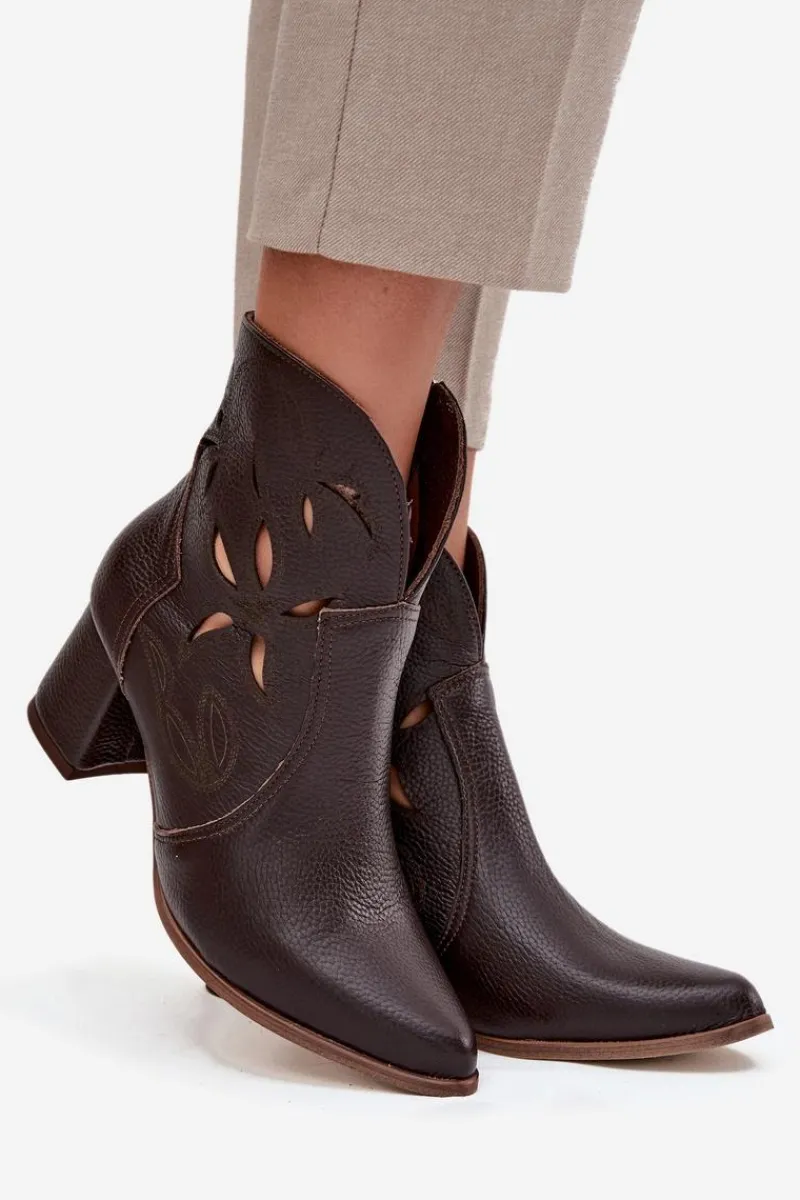 Botki Skórzane|Botki Na Słupku>Zazoo Skórzane Ażurowe Botki Damskie Na Słupku 3647 Czekoladowe Brązowy