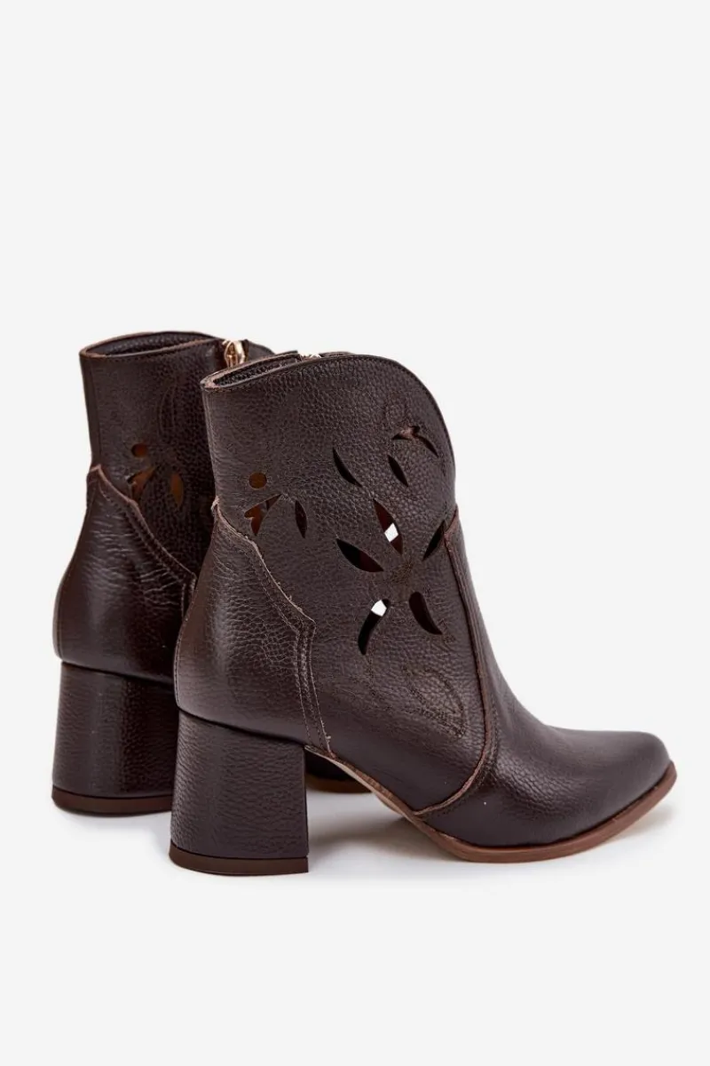 Botki Skórzane|Botki Na Słupku>Zazoo Skórzane Ażurowe Botki Damskie Na Słupku 3647 Czekoladowe Brązowy