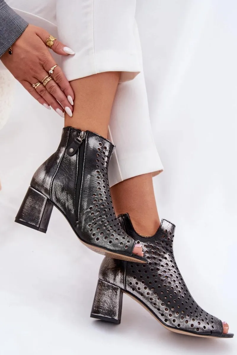 Outlet Skórzane Ażurowe Botki 05420-01 Czarne Damskie Botki Wiosenne|Botki Maciejka