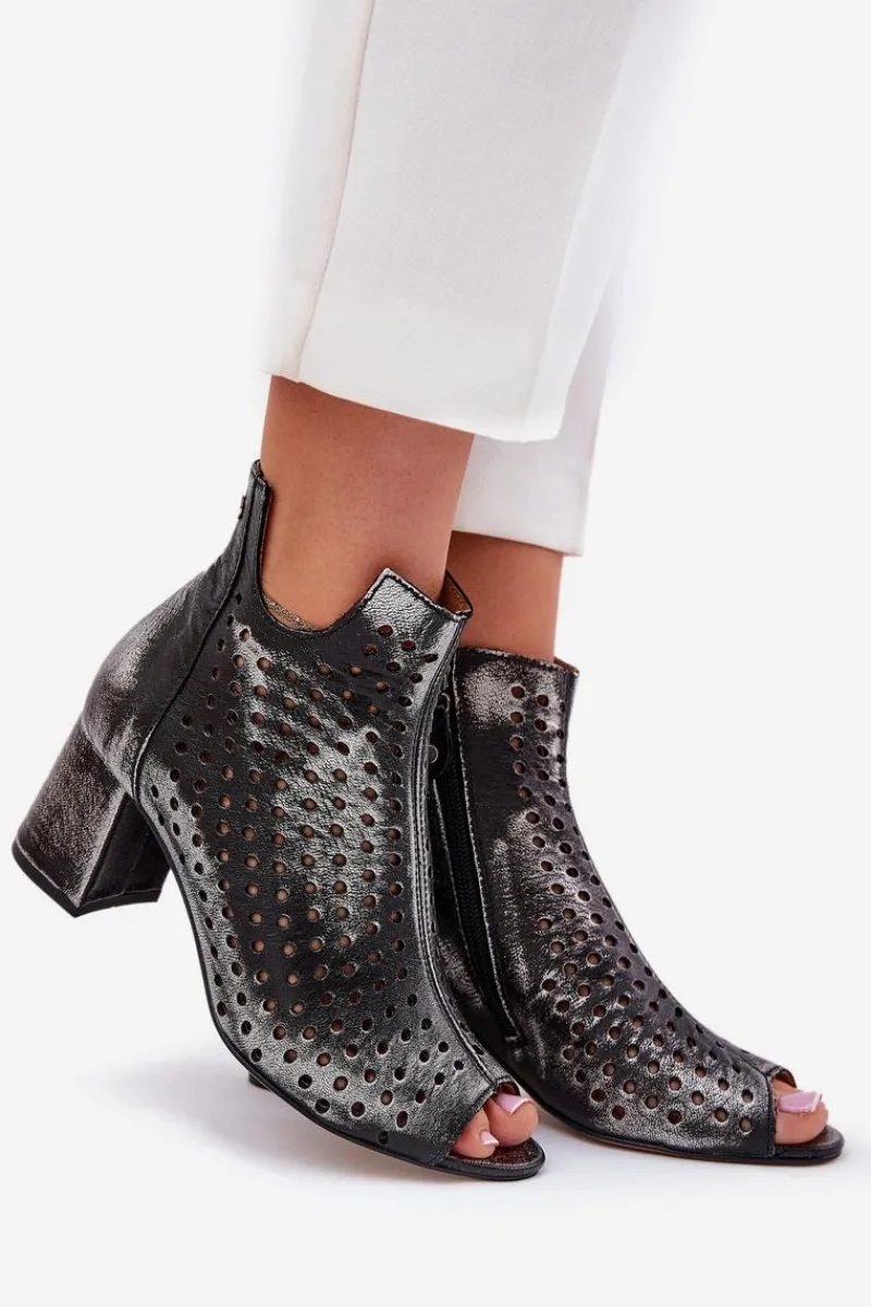 Outlet Skórzane Ażurowe Botki 05420-01 Czarne Damskie Botki Wiosenne|Botki Maciejka