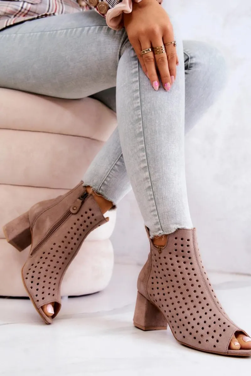 Online Skórzane Ażurowe Botki 05420-10 Ciemnobeżowe Damskie Botki Wiosenne|Botki Maciejka