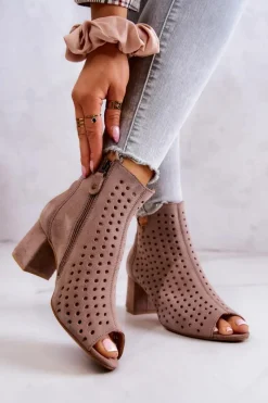 Online Skórzane Ażurowe Botki 05420-10 Ciemnobeżowe Damskie Botki Wiosenne|Botki Maciejka