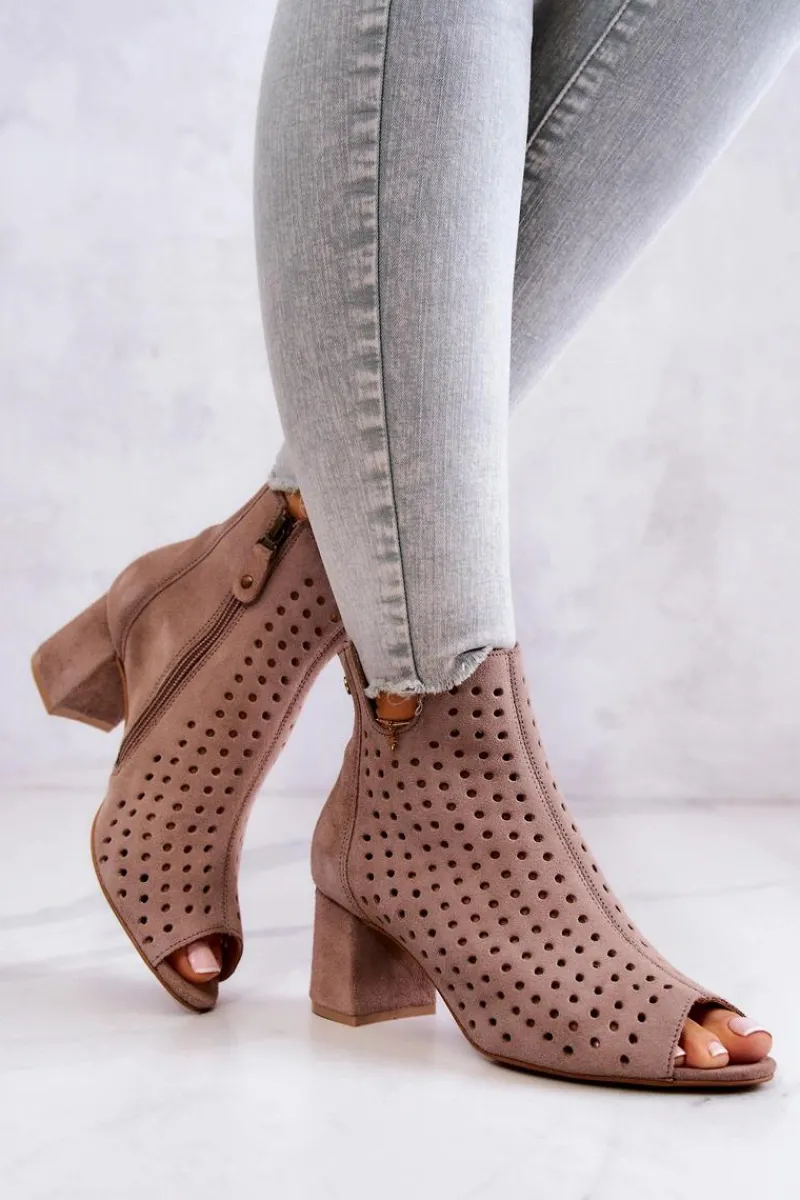 Online Skórzane Ażurowe Botki 05420-10 Ciemnobeżowe Damskie Botki Wiosenne|Botki Maciejka