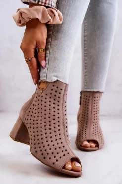 Online Skórzane Ażurowe Botki 05420-10 Ciemnobeżowe Damskie Botki Wiosenne|Botki Maciejka