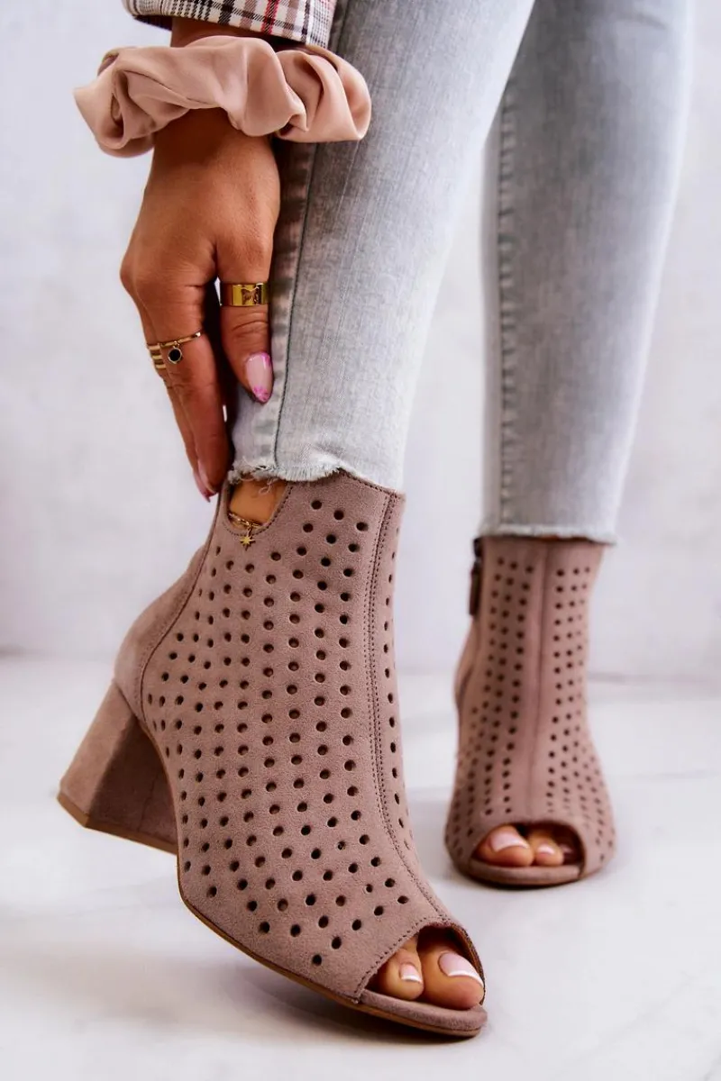 Online Skórzane Ażurowe Botki 05420-10 Ciemnobeżowe Damskie Botki Wiosenne|Botki Maciejka