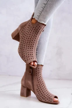 Online Skórzane Ażurowe Botki 05420-10 Ciemnobeżowe Damskie Botki Wiosenne|Botki Maciejka