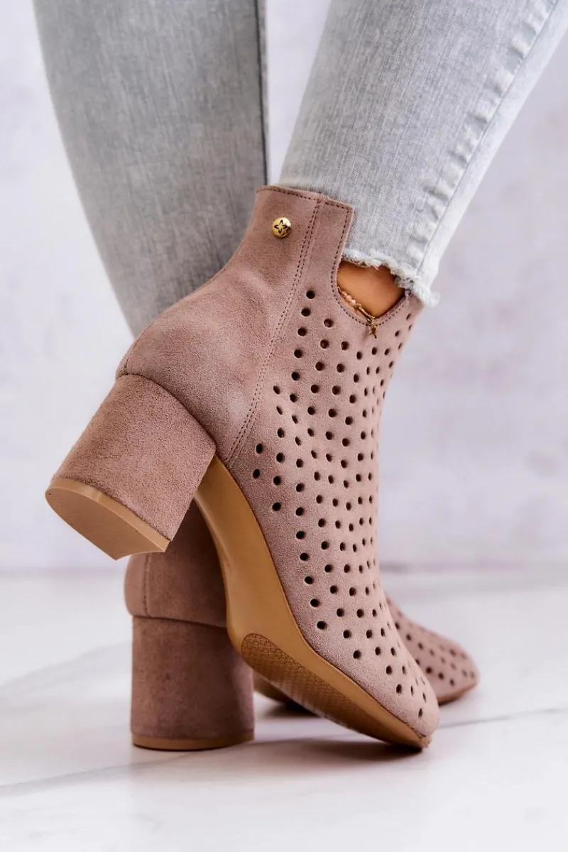 Online Skórzane Ażurowe Botki 05420-10 Ciemnobeżowe Damskie Botki Wiosenne|Botki Maciejka