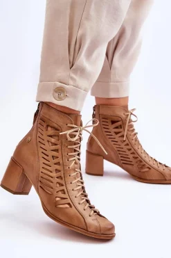Outlet Skórzane Ażurowe Botki 05508-10 Ciemnobeżowe Damskie Botki Wiosenne|Botki Maciejka