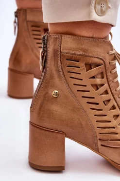 Outlet Skórzane Ażurowe Botki 05508-10 Ciemnobeżowe Damskie Botki Wiosenne|Botki Maciejka
